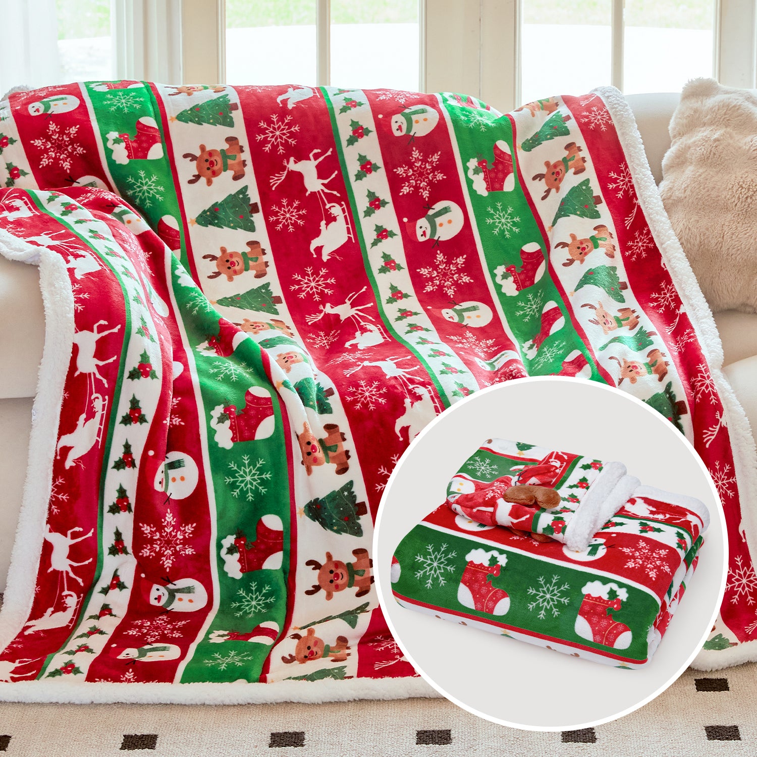 OLAOLA Elk Wearable Blanket Red Flannel Christmas Tree Snowmen Warm Fuzzy Soft Throw For Christmas Decor Gift