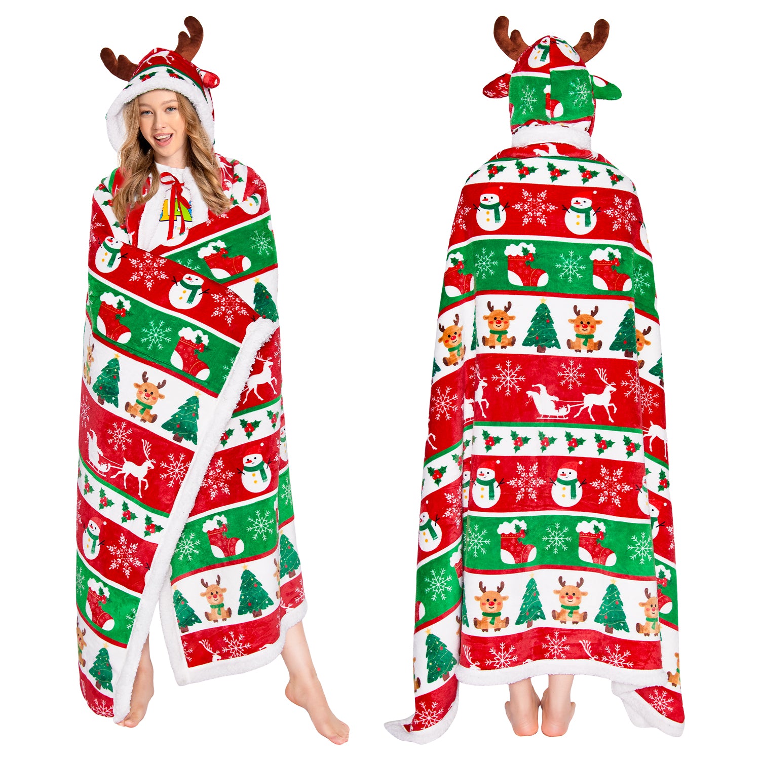 OLAOLA Elk Wearable Blanket Red Flannel Christmas Tree Snowmen Warm Fuzzy Soft Throw For Christmas Decor Gift