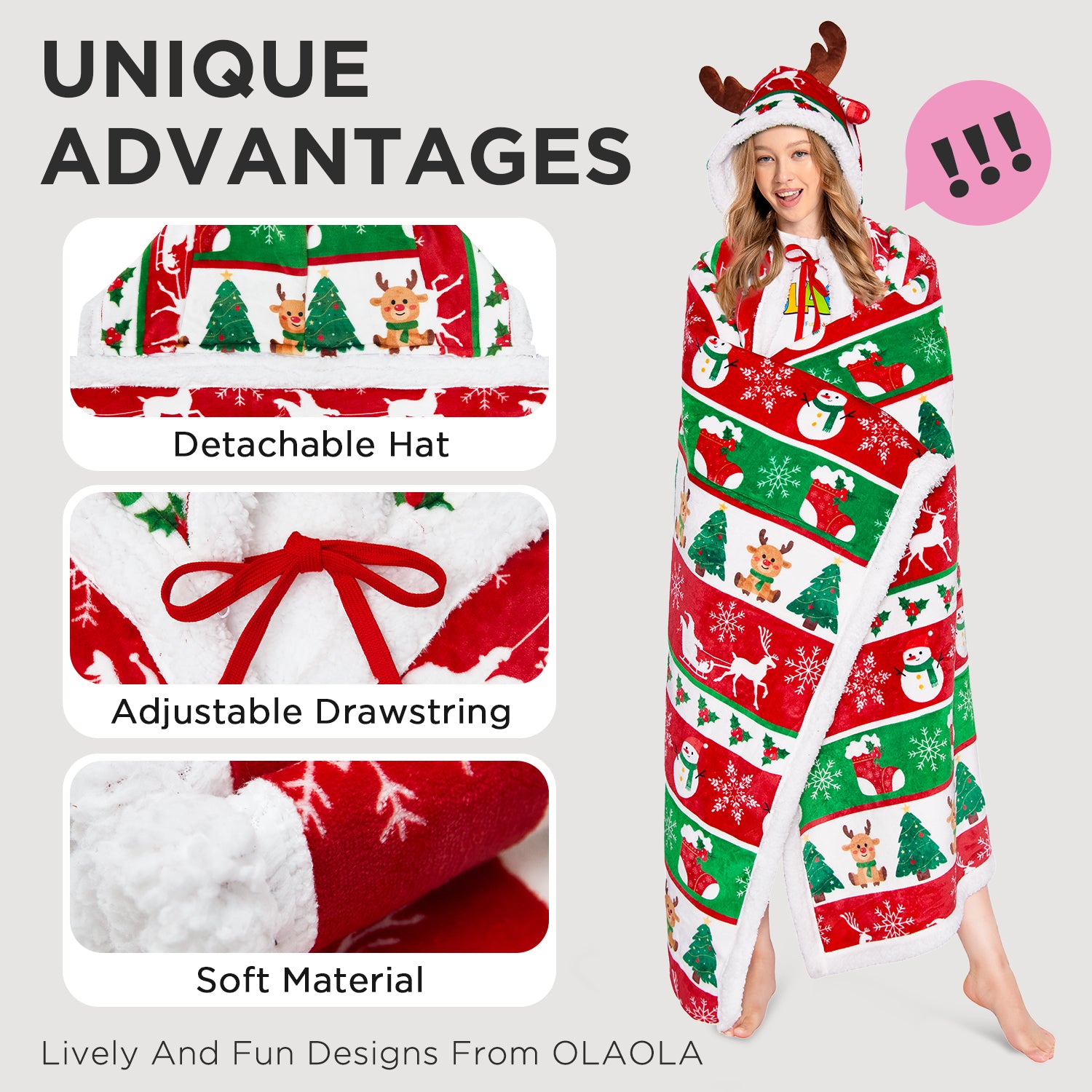 OLAOLA Elk Wearable Blanket Red Flannel Christmas Tree Snowmen Warm Fuzzy Soft Throw For Christmas Decor Gift