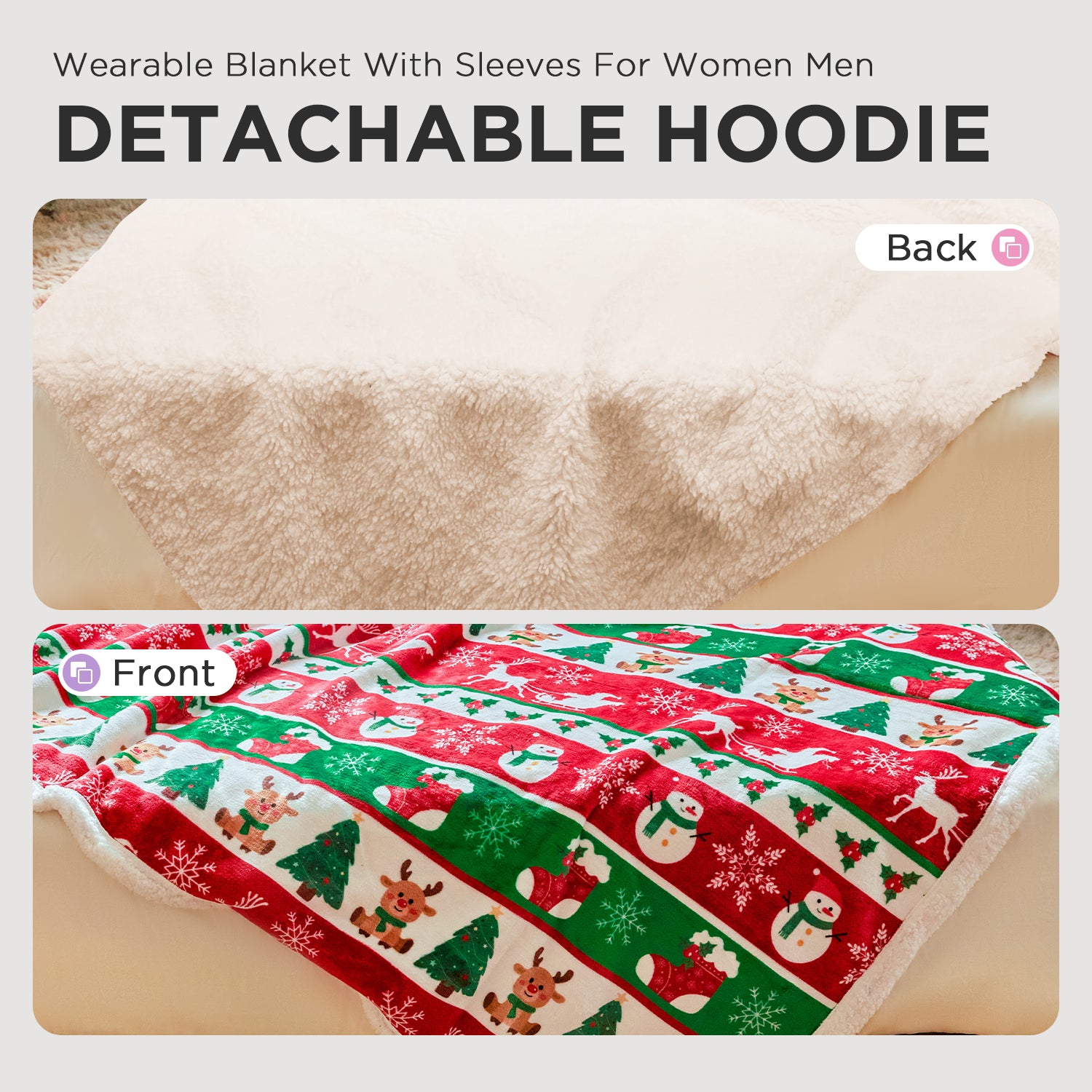 OLAOLA Elk Wearable Blanket Red Flannel Christmas Tree Snowmen Warm Fuzzy Soft Throw For Christmas Decor Gift