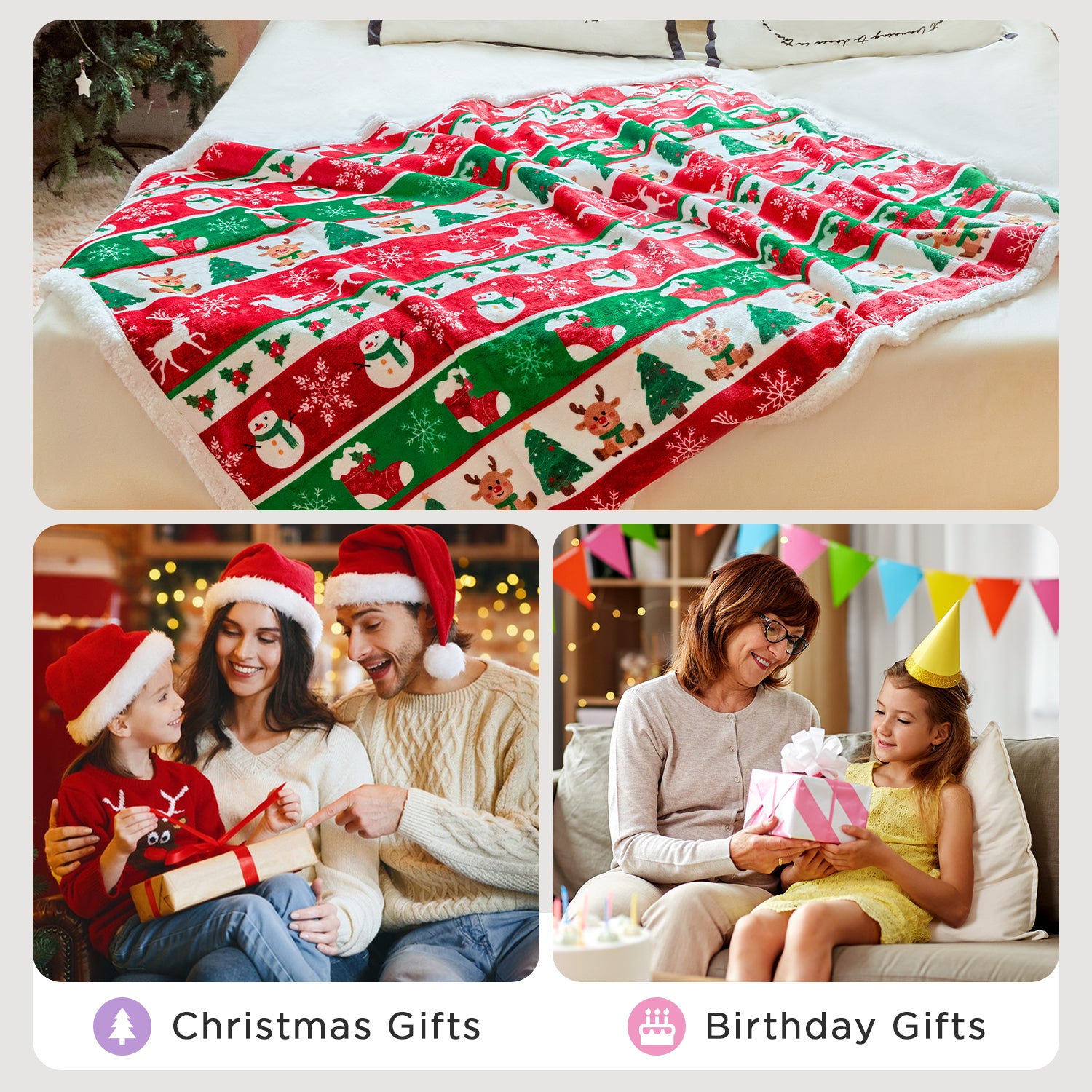 OLAOLA Elk Wearable Blanket Red Flannel Christmas Tree Snowmen Warm Fuzzy Soft Throw For Christmas Decor Gift