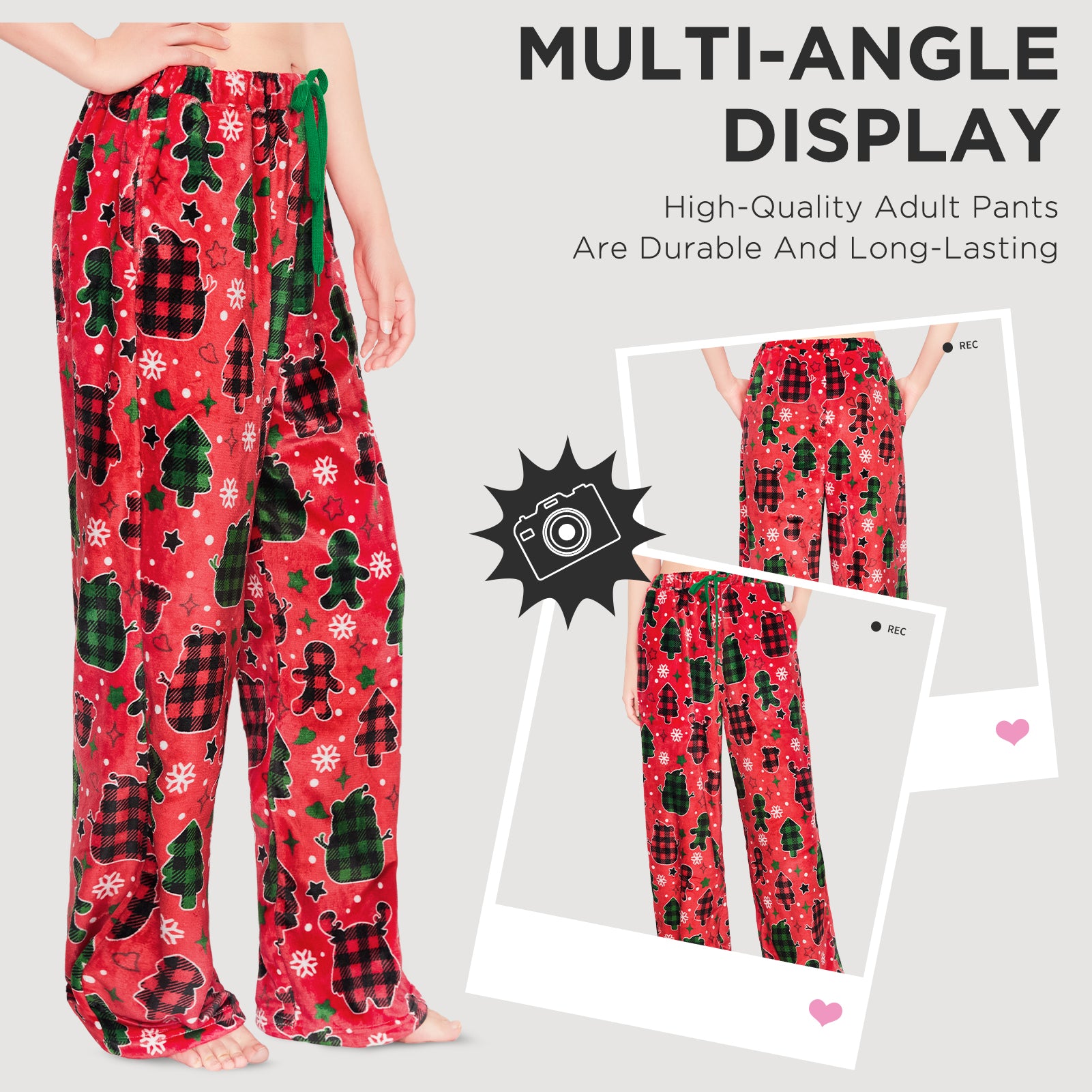 OLAOLA Gingerbread Man Christmas Red Printed Fuzzy Plush Pajama Pants Sleeping Bottoms Pants Animals Onesie