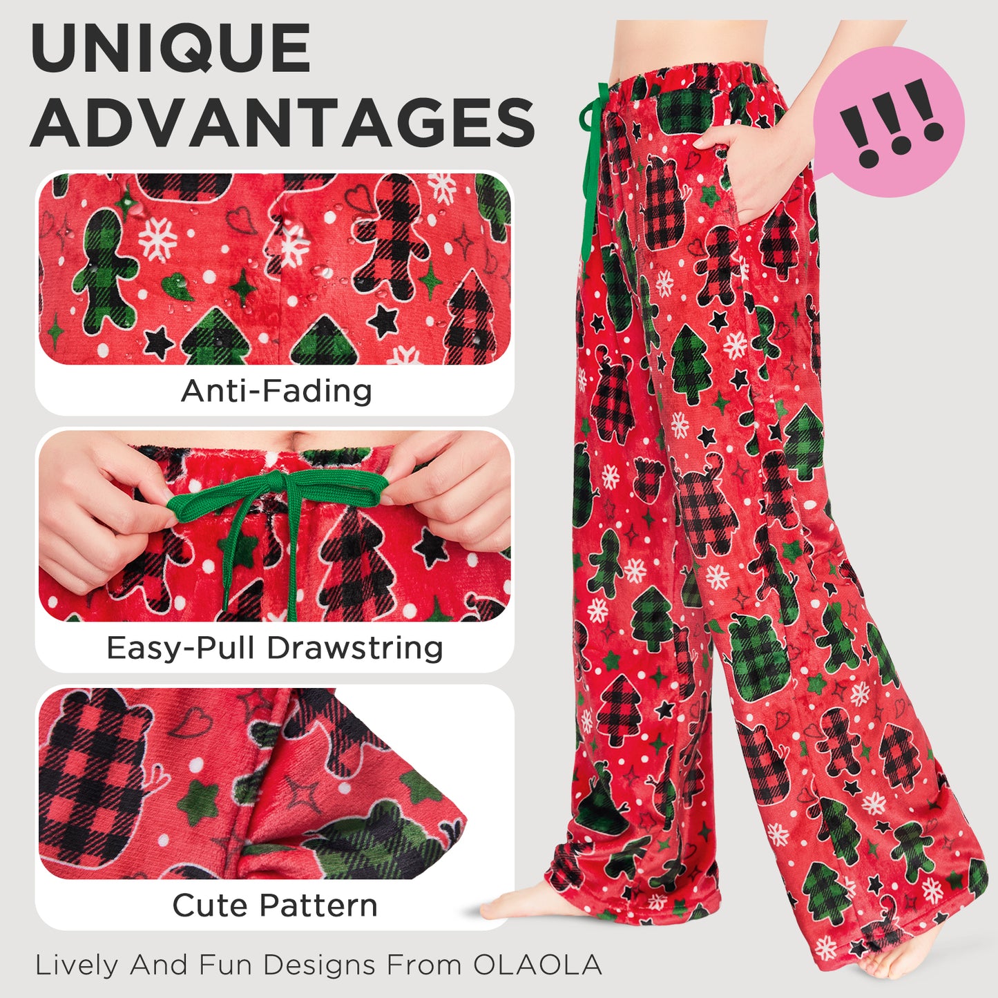 OLAOLA Gingerbread Man Christmas Red Printed Fuzzy Plush Pajama Pants Sleeping Bottoms Pants Animals Onesie