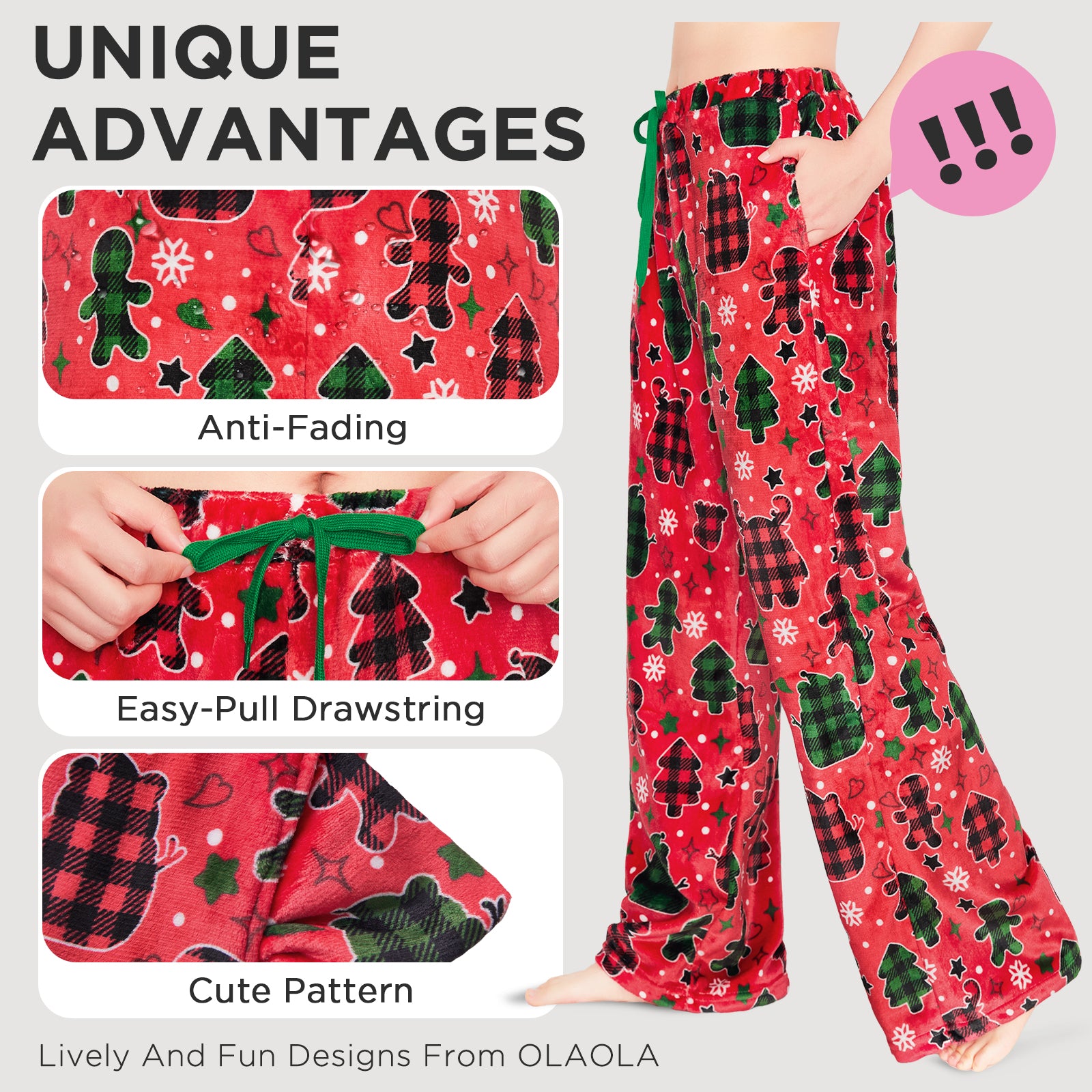 OLAOLA Gingerbread Man Christmas Red Printed Fuzzy Plush Pajama Pants Sleeping Bottoms Pants Animals Onesie