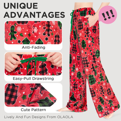 OLAOLA Gingerbread Man Christmas Red Printed Fuzzy Plush Pajama Pants Sleeping Bottoms Pants Animals Onesie