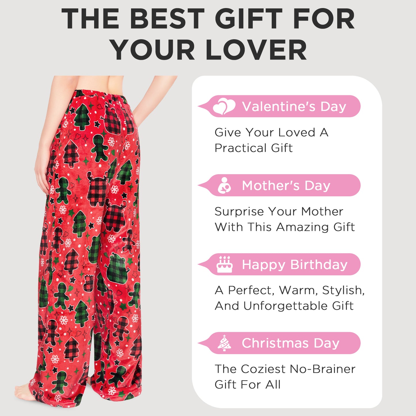 OLAOLA Gingerbread Man Christmas Red Printed Fuzzy Plush Pajama Pants Sleeping Bottoms Pants Animals Onesie