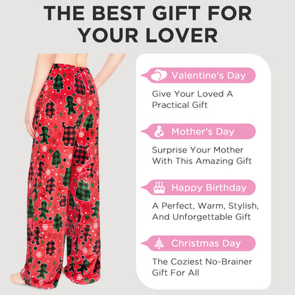 OLAOLA Gingerbread Man Christmas Red Printed Fuzzy Plush Pajama Pants Sleeping Bottoms Pants Animals Onesie