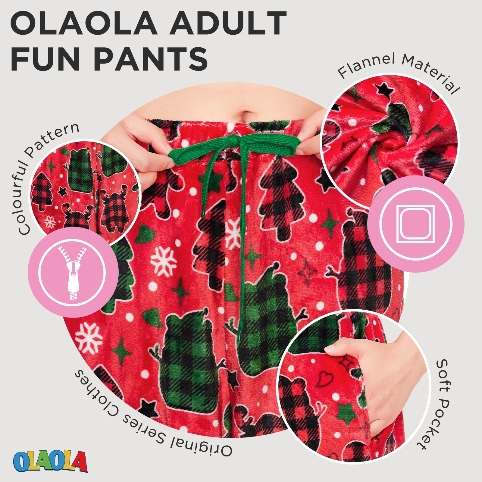 OLAOLA Gingerbread Man Christmas Red Printed Fuzzy Plush Pajama Pants Sleeping Bottoms Pants Animals Onesie