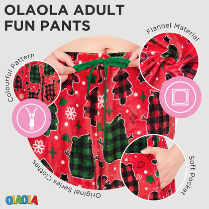 OLAOLA Gingerbread Man Christmas Red Printed Fuzzy Plush Pajama Pants Sleeping Bottoms Pants Animals Onesie