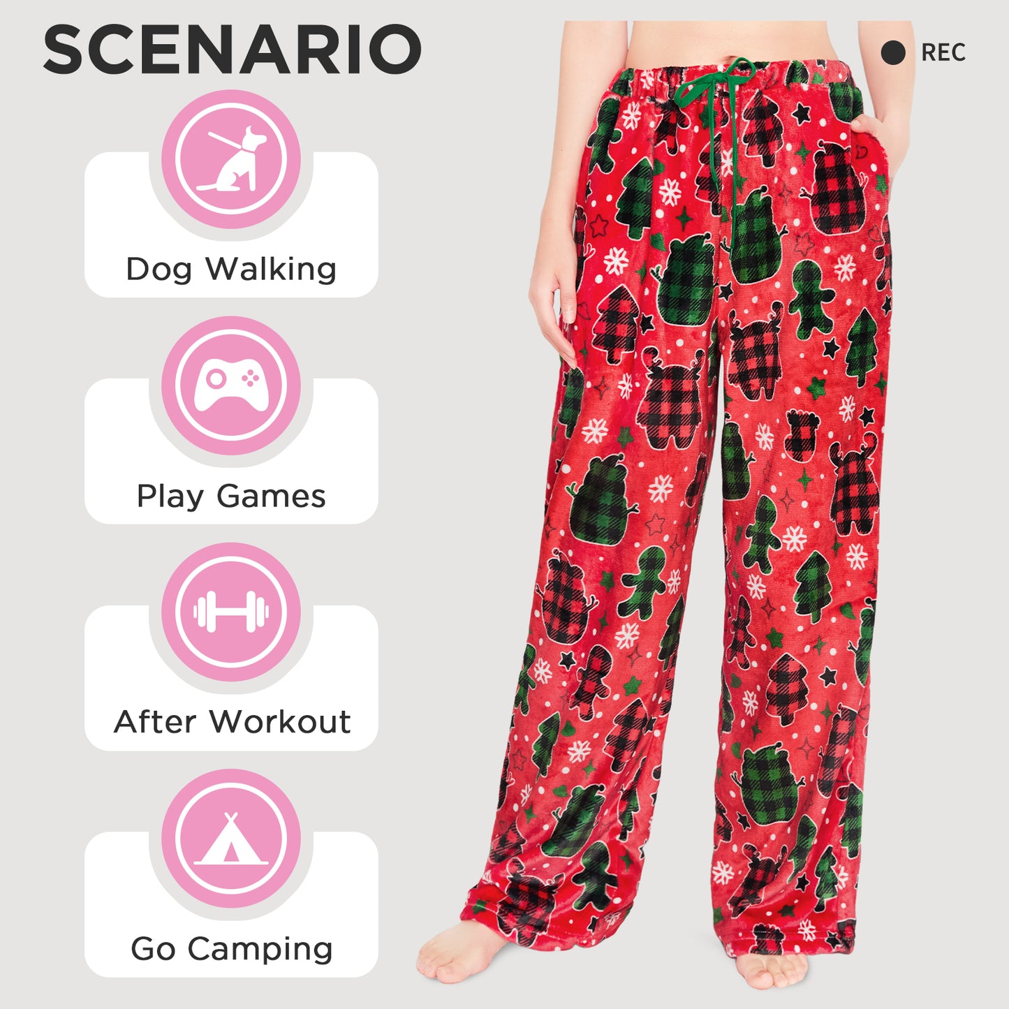 OLAOLA Gingerbread Man Christmas Red Printed Fuzzy Plush Pajama Pants Sleeping Bottoms Pants Animals Onesie