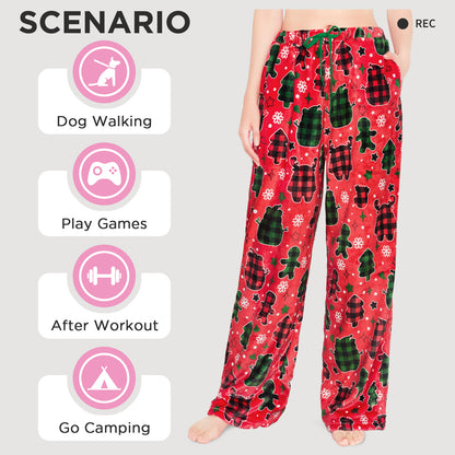 OLAOLA Gingerbread Man Christmas Red Printed Fuzzy Plush Pajama Pants Sleeping Bottoms Pants Animals Onesie