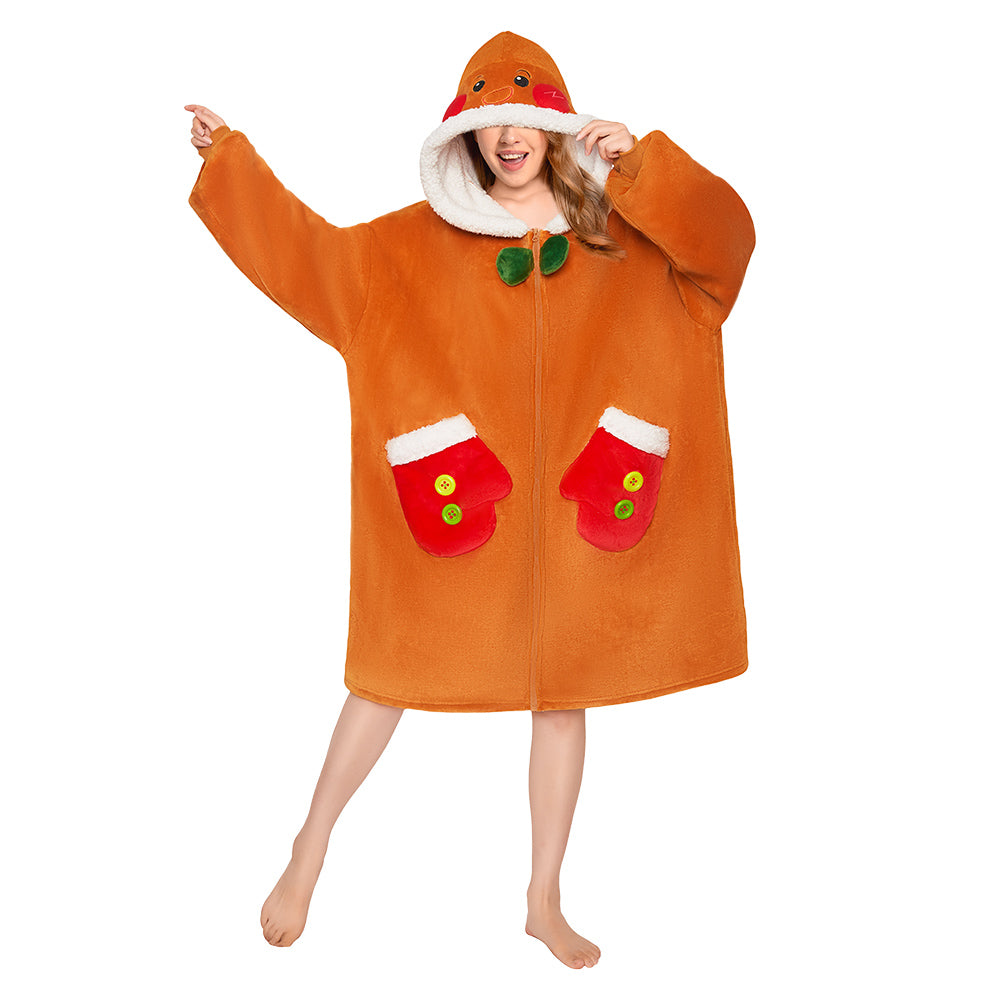 OLAOLA Gingerbread Man Christmas Wearable Blanket Hoodie With Zipper Oversized Fleece Sherpa Fluffy Hooded Blanket