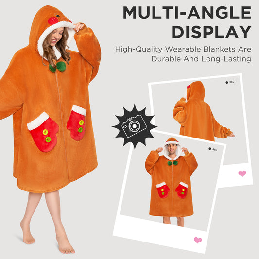 OLAOLA Gingerbread Man Christmas Wearable Blanket Hoodie With Zipper Oversized Fleece Sherpa Fluffy Hooded Blanket