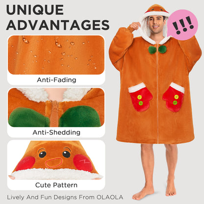 OLAOLA Gingerbread Man Christmas Wearable Blanket Hoodie With Zipper Oversized Fleece Sherpa Fluffy Hooded Blanket