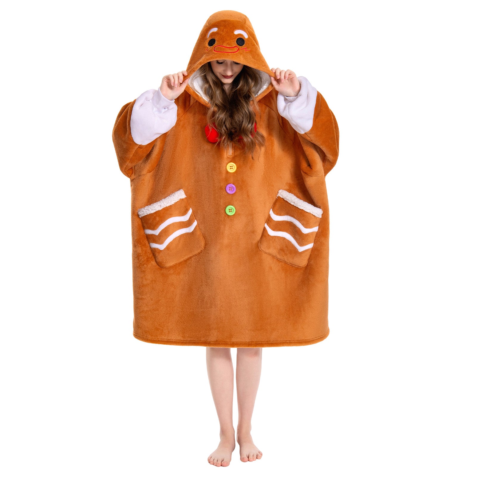 OLAOLA Gingerbread Man Wearable Blanket Hoodie Animals Onesie Christmas Soft Homewear With Pocket For Adult