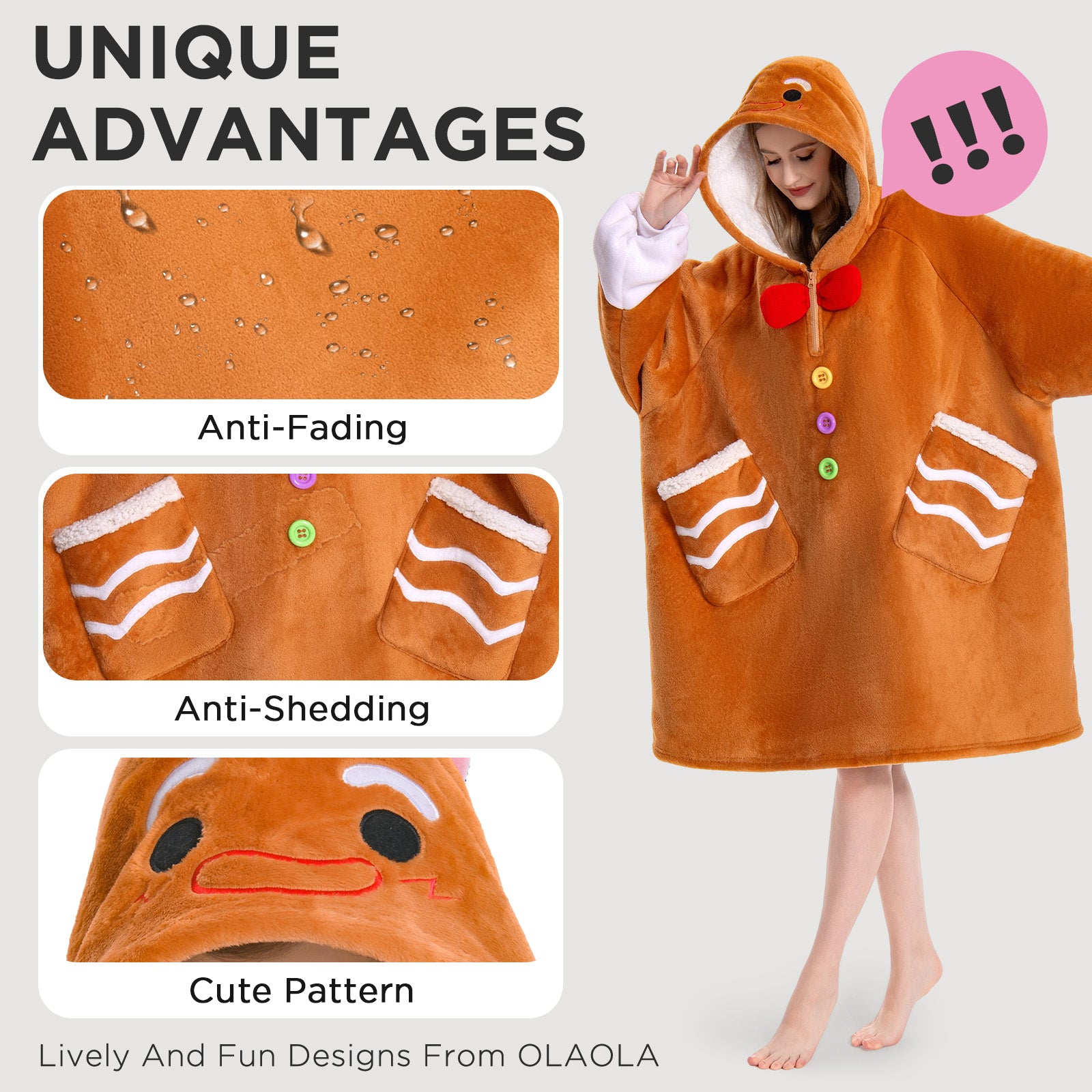 OLAOLA Gingerbread Man Wearable Blanket Hoodie Animals Onesie Christmas Soft Homewear With Pocket For Adult