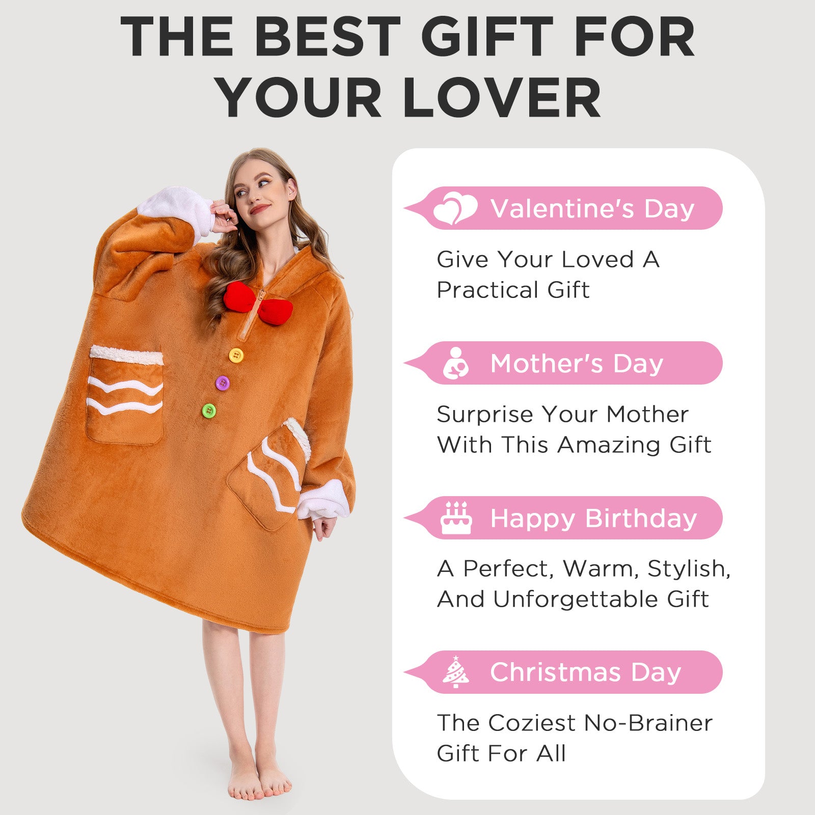 OLAOLA Gingerbread Man Wearable Blanket Hoodie Animals Onesie Christmas Soft Homewear With Pocket For Adult