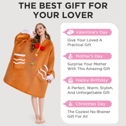 OLAOLA Gingerbread Man Wearable Blanket Hoodie Animals Onesie Christmas Soft Homewear With Pocket For Adult