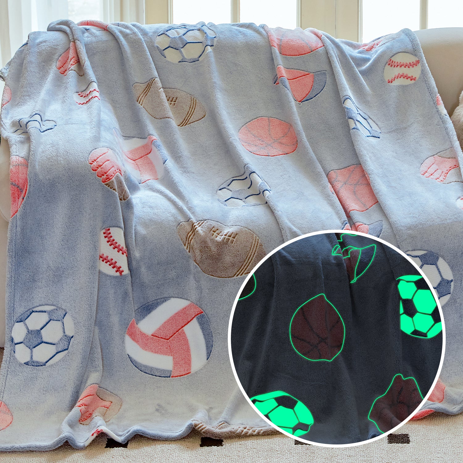 OLAOLA Glow In The Dark Blanket Soccer for Kids Soft Cozy Football Luminous Flannel Throw Blankets For Birthday Gift