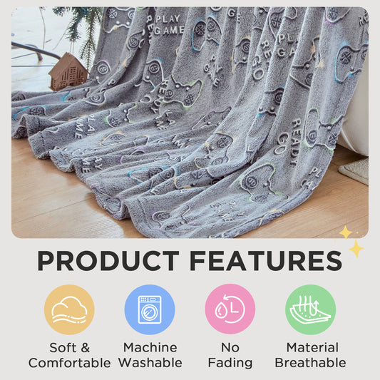 OLAOLA Glow In The Dark Gaming Blanket Game Controller Soft Warm Lightweight Throw Blanket Luminous Bedroom Decor