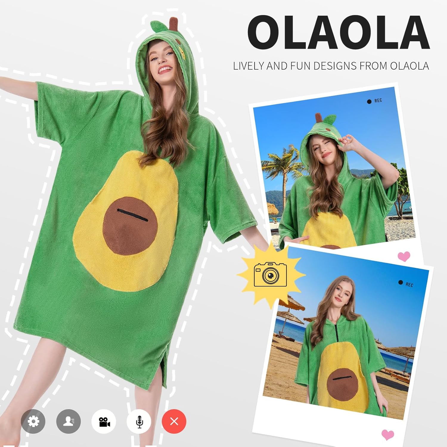 OLAOLA Green Avocado Beach Towels Surf Poncho Changing Towel Swim Robe Quick Dry Terry Cloth Cover-Up Hood Blanket Outdoor