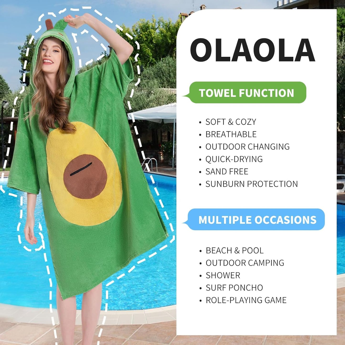 OLAOLA Green Avocado Beach Towels Surf Poncho Changing Towel Swim Robe Quick Dry Terry Cloth Cover-Up Hood Blanket Outdoor