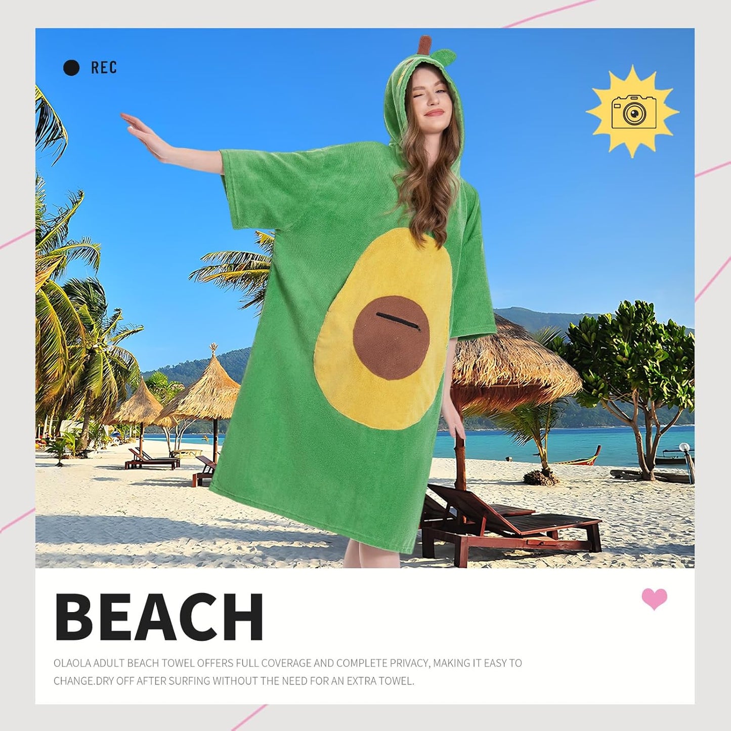 OLAOLA Green Avocado Beach Towels Surf Poncho Changing Towel Swim Robe Quick Dry Terry Cloth Cover-Up Hood Blanket Outdoor