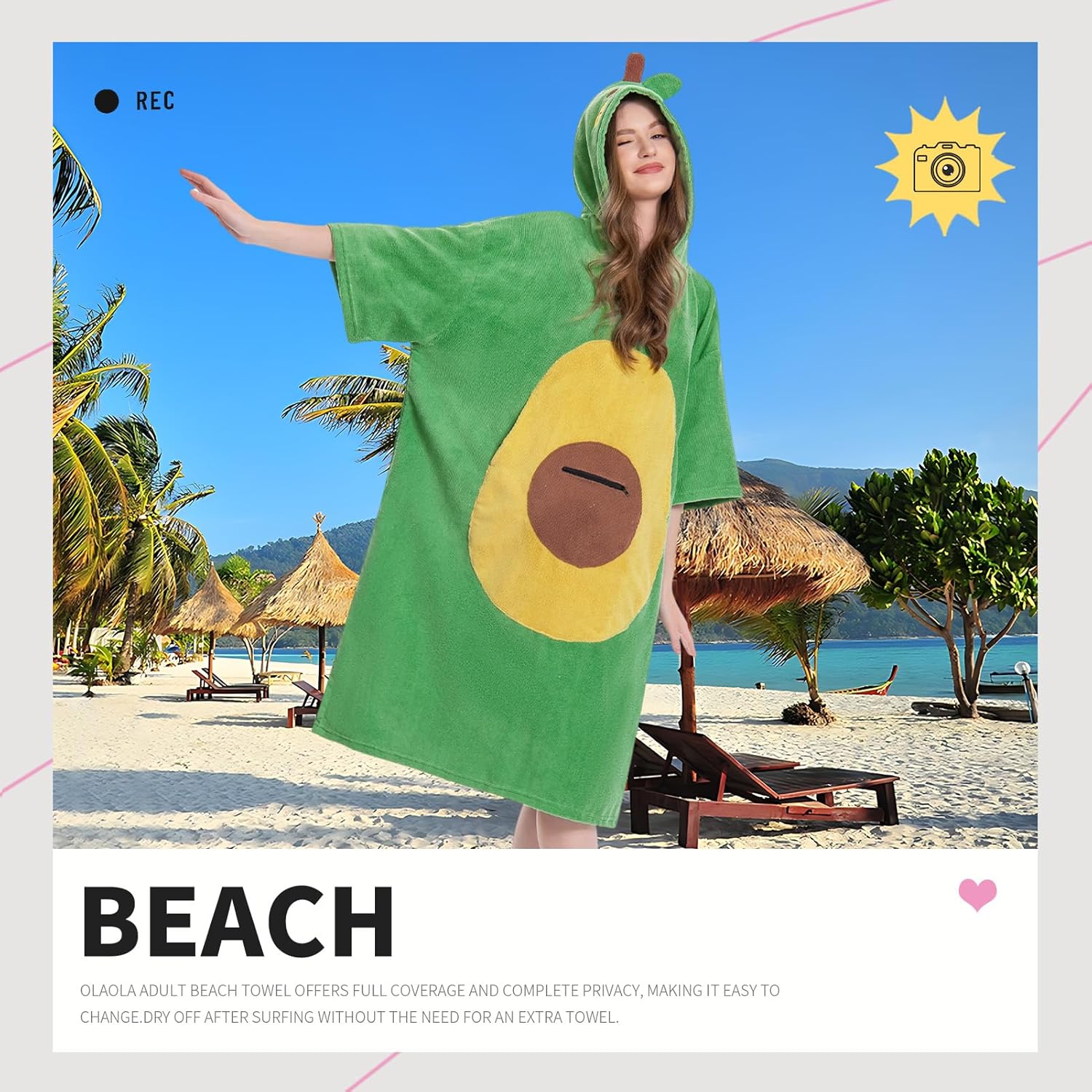 OLAOLA Green Avocado Beach Towels Surf Poncho Changing Towel Swim Robe Quick Dry Terry Cloth Cover-Up Hood Blanket Outdoor