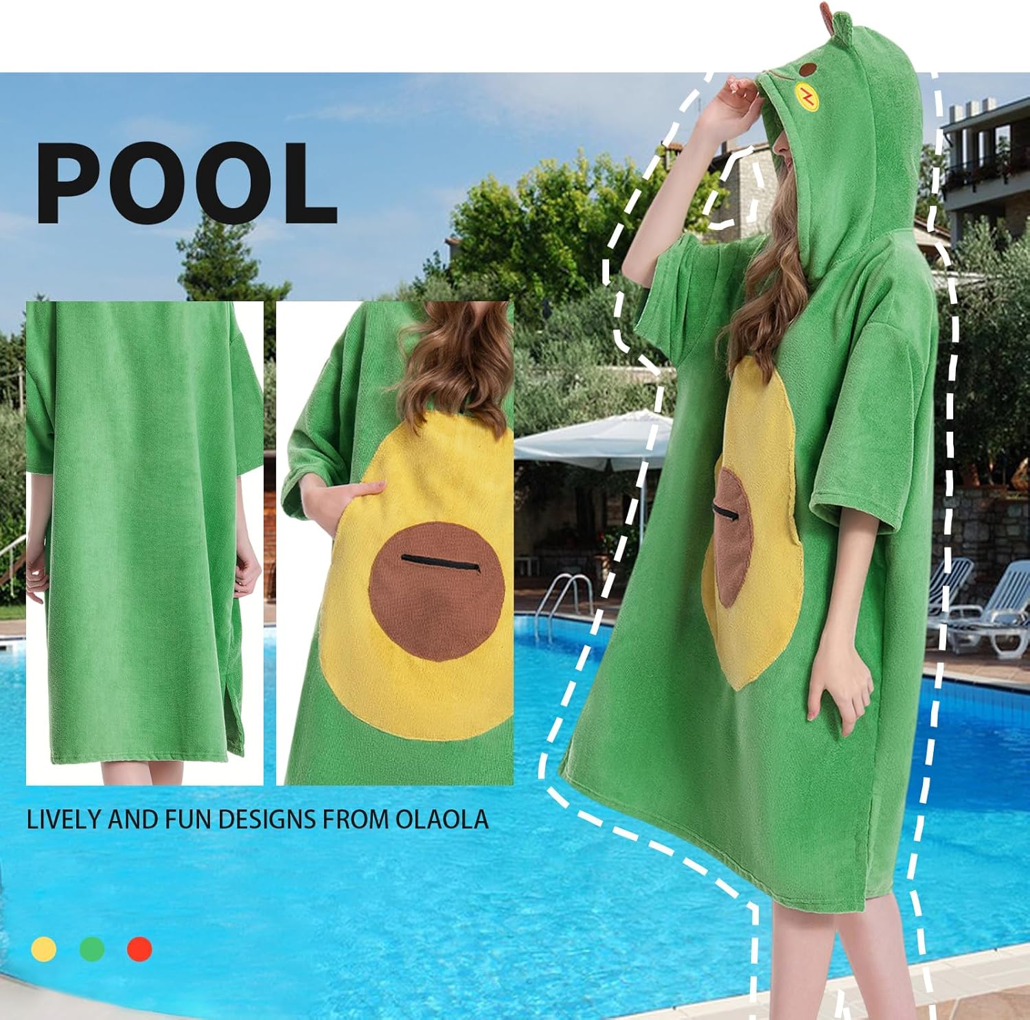 OLAOLA Green Avocado Beach Towels Surf Poncho Changing Towel Swim Robe Quick Dry Terry Cloth Cover-Up Hood Blanket Outdoor