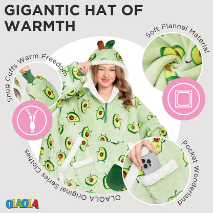 OLAOLA Green Avocado Printed Wearable Blanket Hoodie Food Onesie Oversized Soft Homwear With Giant Pocket For Adult