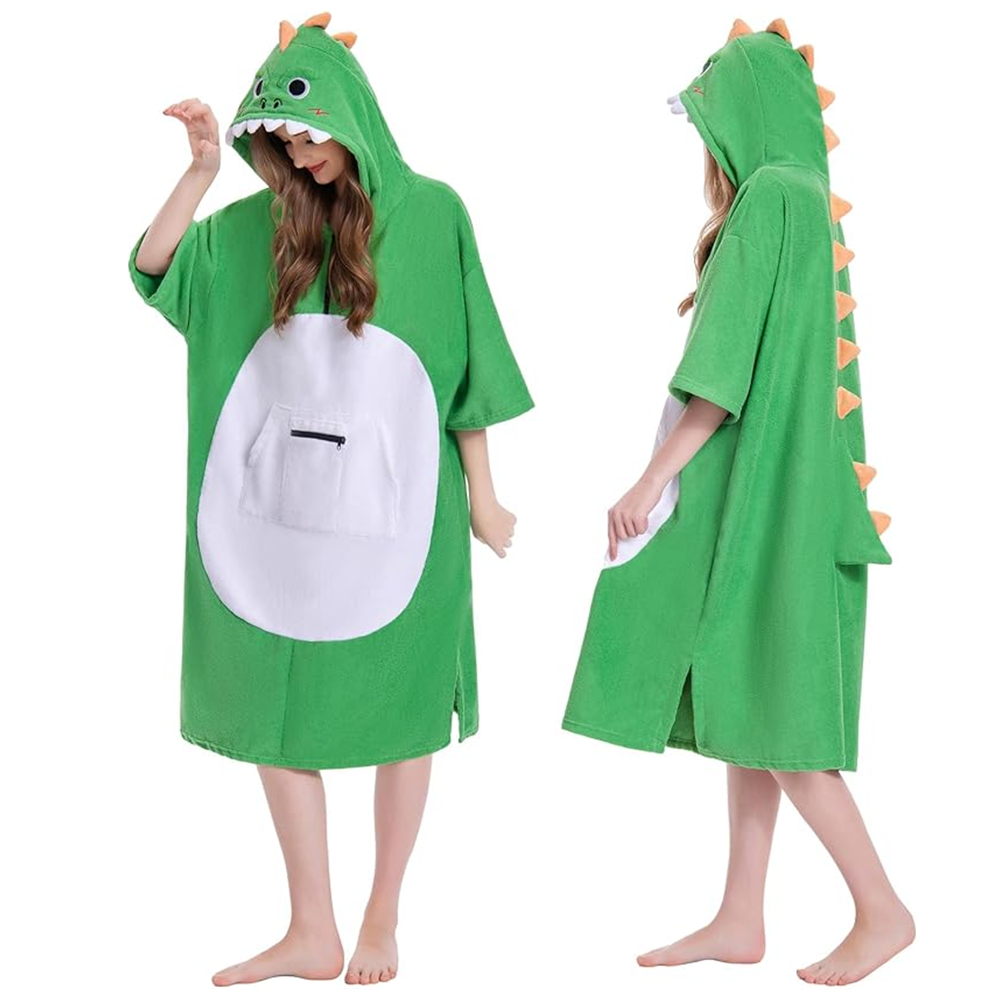 OLAOLA Green Dinosaur Surf Poncho Changing Towel Swim Robe Quick Dry Terry Cloth Cover-Up Hood Blanket Beach Towels