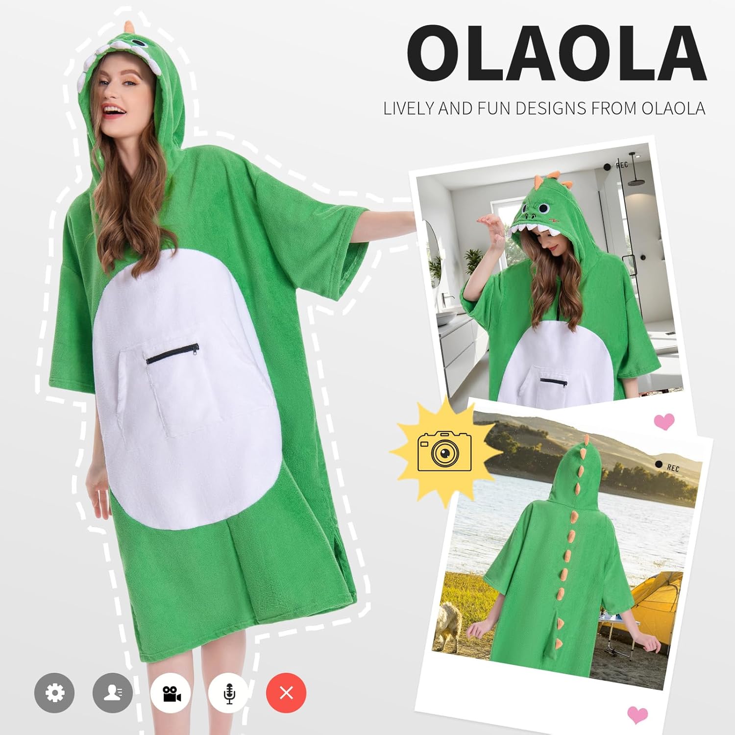 OLAOLA Green Dinosaur Surf Poncho Changing Towel Swim Robe Quick Dry Terry Cloth Cover-Up Hood Blanket Beach Towels