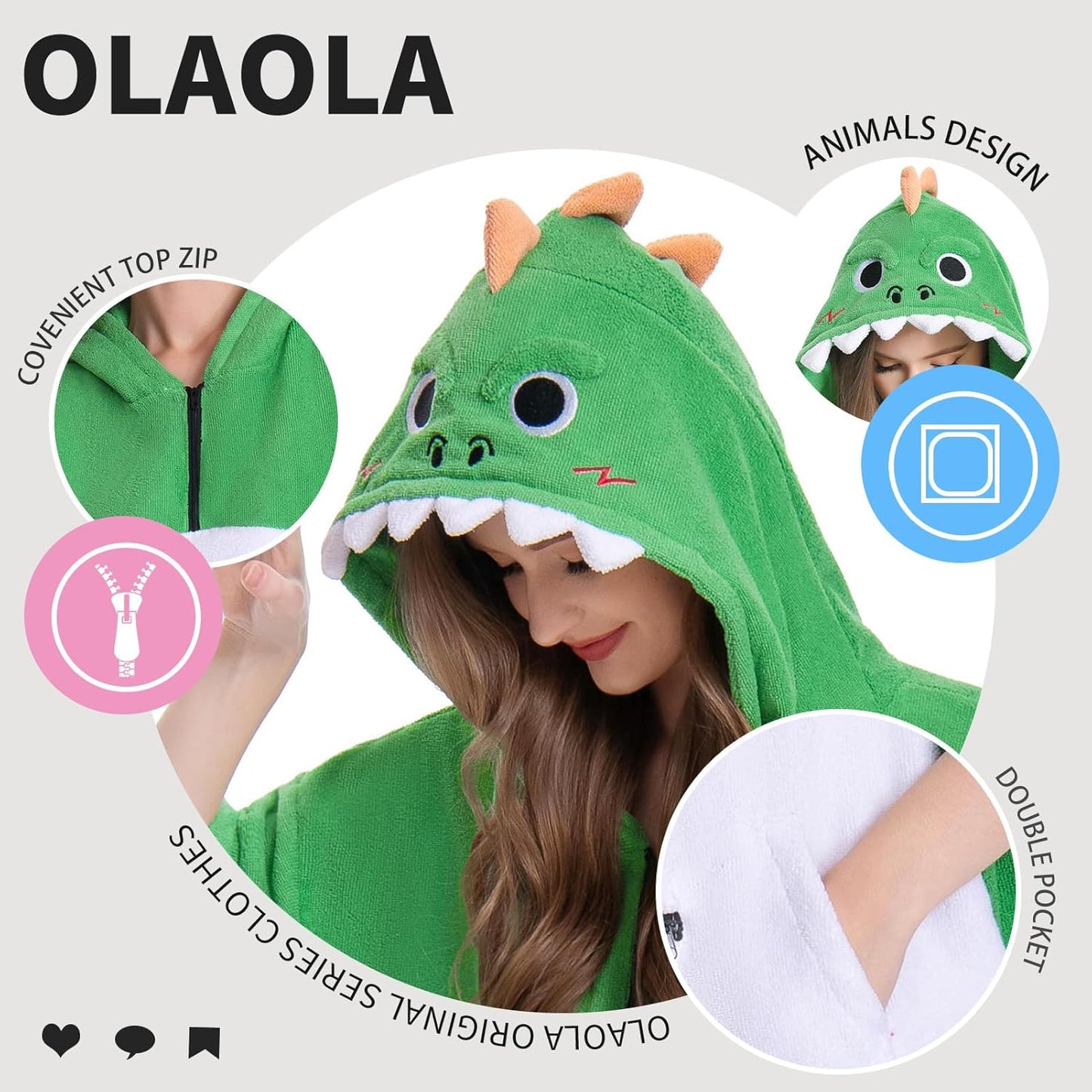 OLAOLA Green Dinosaur Surf Poncho Changing Towel Swim Robe Quick Dry Terry Cloth Cover-Up Hood Blanket Beach Towels