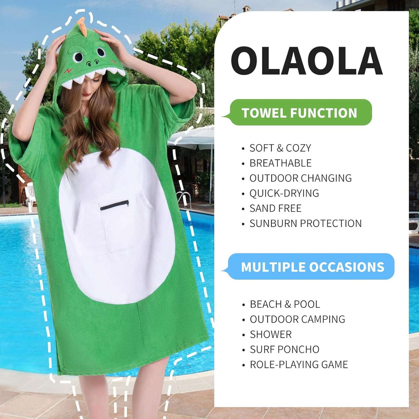 OLAOLA Green Dinosaur Surf Poncho Changing Towel Swim Robe Quick Dry Terry Cloth Cover-Up Hood Blanket Beach Towels