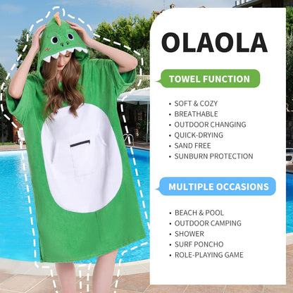 OLAOLA Green Dinosaur Surf Poncho Changing Towel Swim Robe Quick Dry Terry Cloth Cover-Up Hood Blanket Beach Towels