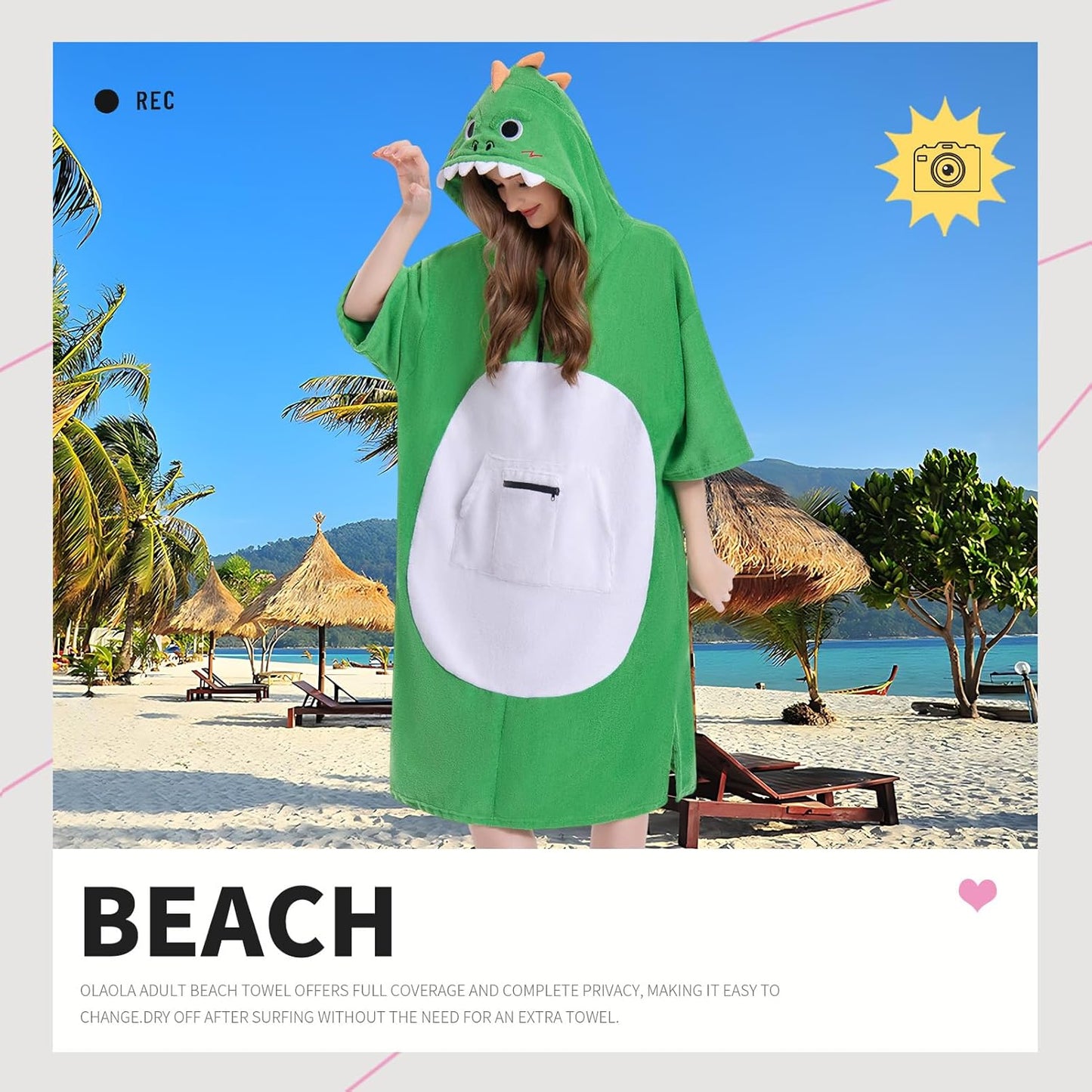 OLAOLA Green Dinosaur Surf Poncho Changing Towel Swim Robe Quick Dry Terry Cloth Cover-Up Hood Blanket Beach Towels