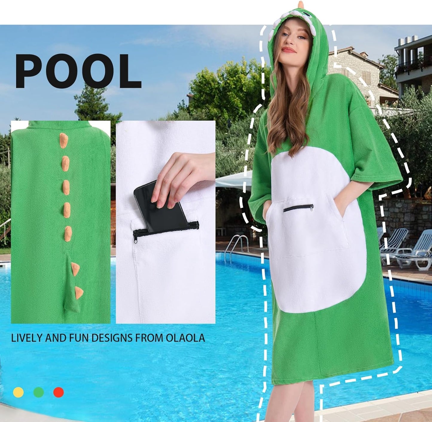 OLAOLA Green Dinosaur Surf Poncho Changing Towel Swim Robe Quick Dry Terry Cloth Cover-Up Hood Blanket Beach Towels