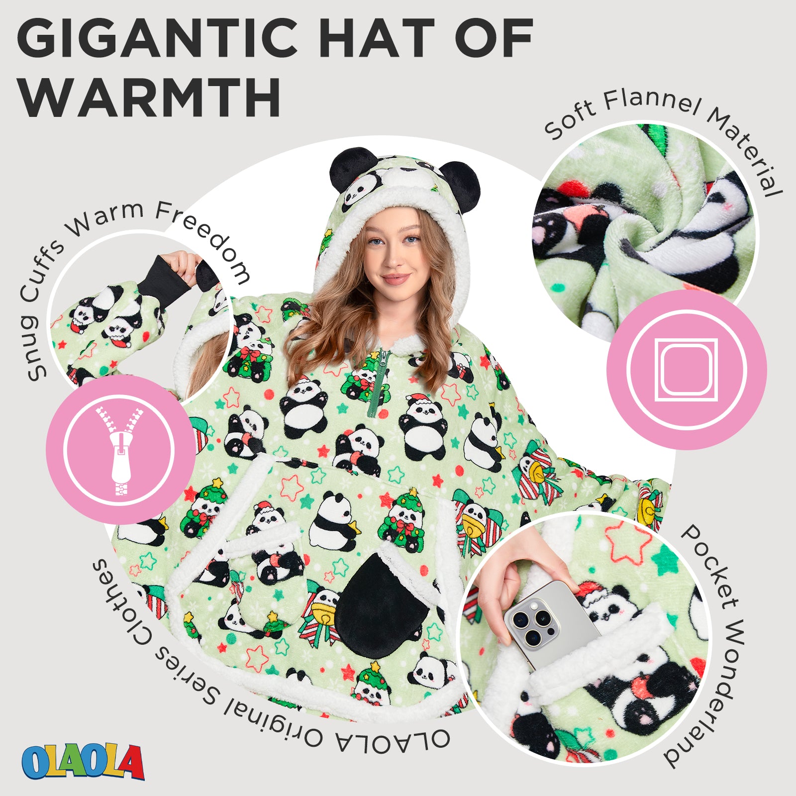 OLAOLA Green Panda Wearable Blanket Hoodie Animals Onesie Oversized Soft Homewear With Giant Pocket For Adult