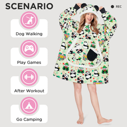 OLAOLA Green Panda Wearable Blanket Hoodie Animals Onesie Oversized Soft Homewear With Giant Pocket For Adult