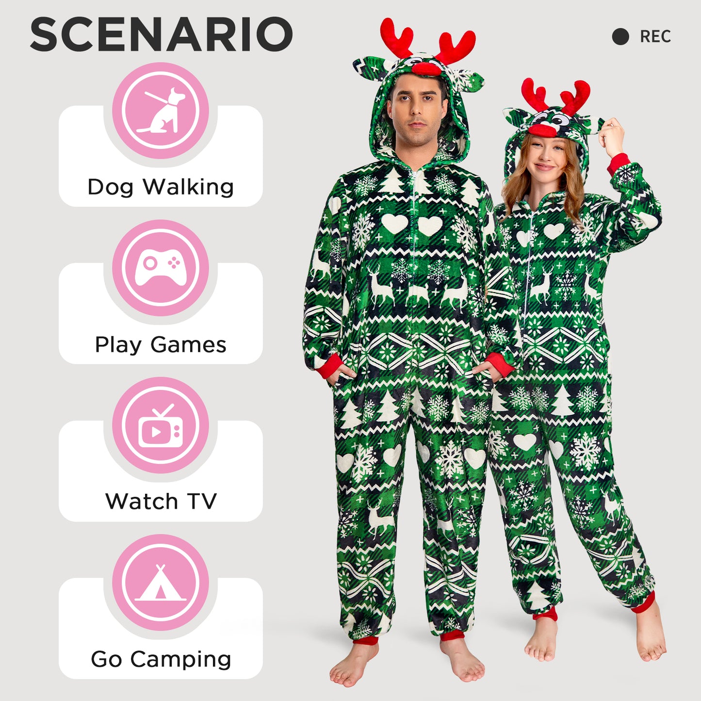 OLAOLA Green Printed Checkered Elk Pajamas Soft Plush Animals Onesie Sleepwear Christmas Party Suit