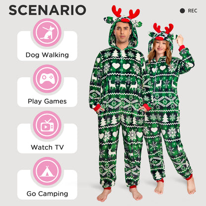 OLAOLA Green Printed Checkered Elk Pajamas Soft Plush Animals Onesie Sleepwear Christmas Party Suit