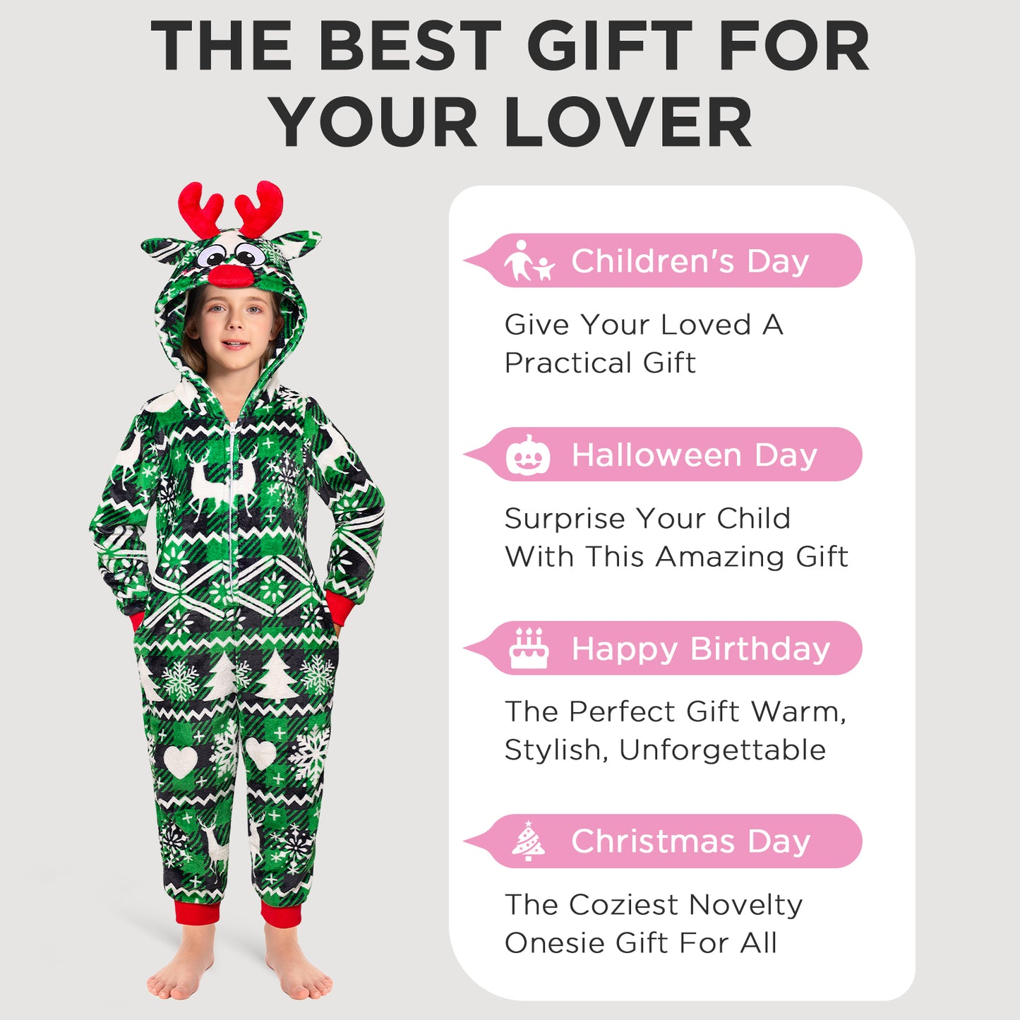 OLAOLA Green Printed Checkered Elk Pajamas Soft Plush Animals Onesie Sleepwear Christmas Party Suit