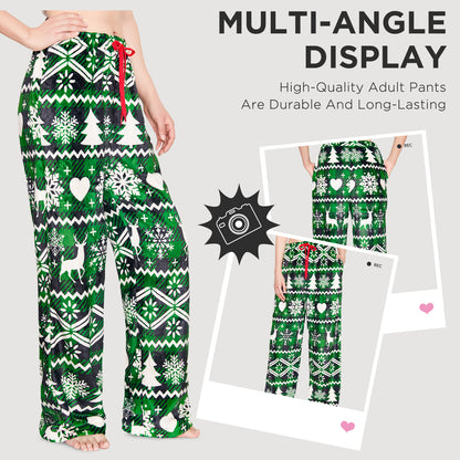 OLAOLA Green Snow Printed Checkered Fuzzy Plush Pajama Pants Drawstring Elastic Waist Wide Leg Pj Bottoms Lounge Pants Christmas Animals Onesie