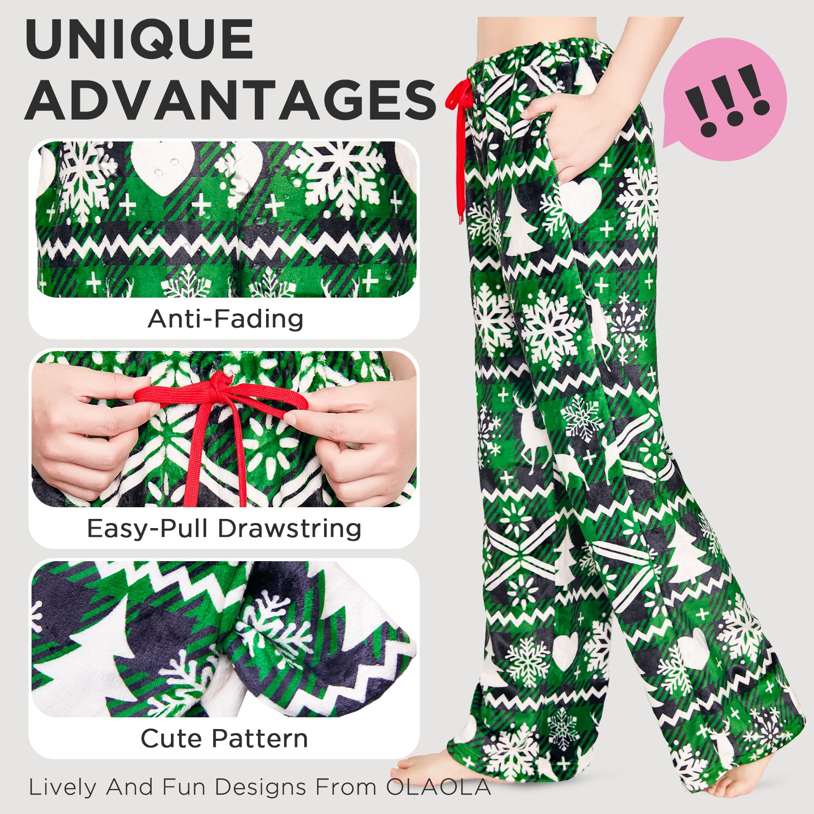 OLAOLA Green Snow Printed Checkered Fuzzy Plush Pajama Pants Drawstring Elastic Waist Wide Leg Pj Bottoms Lounge Pants Christmas Animals Onesie