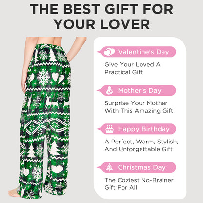 OLAOLA Green Snow Printed Checkered Fuzzy Plush Pajama Pants Drawstring Elastic Waist Wide Leg Pj Bottoms Lounge Pants Christmas Animals Onesie