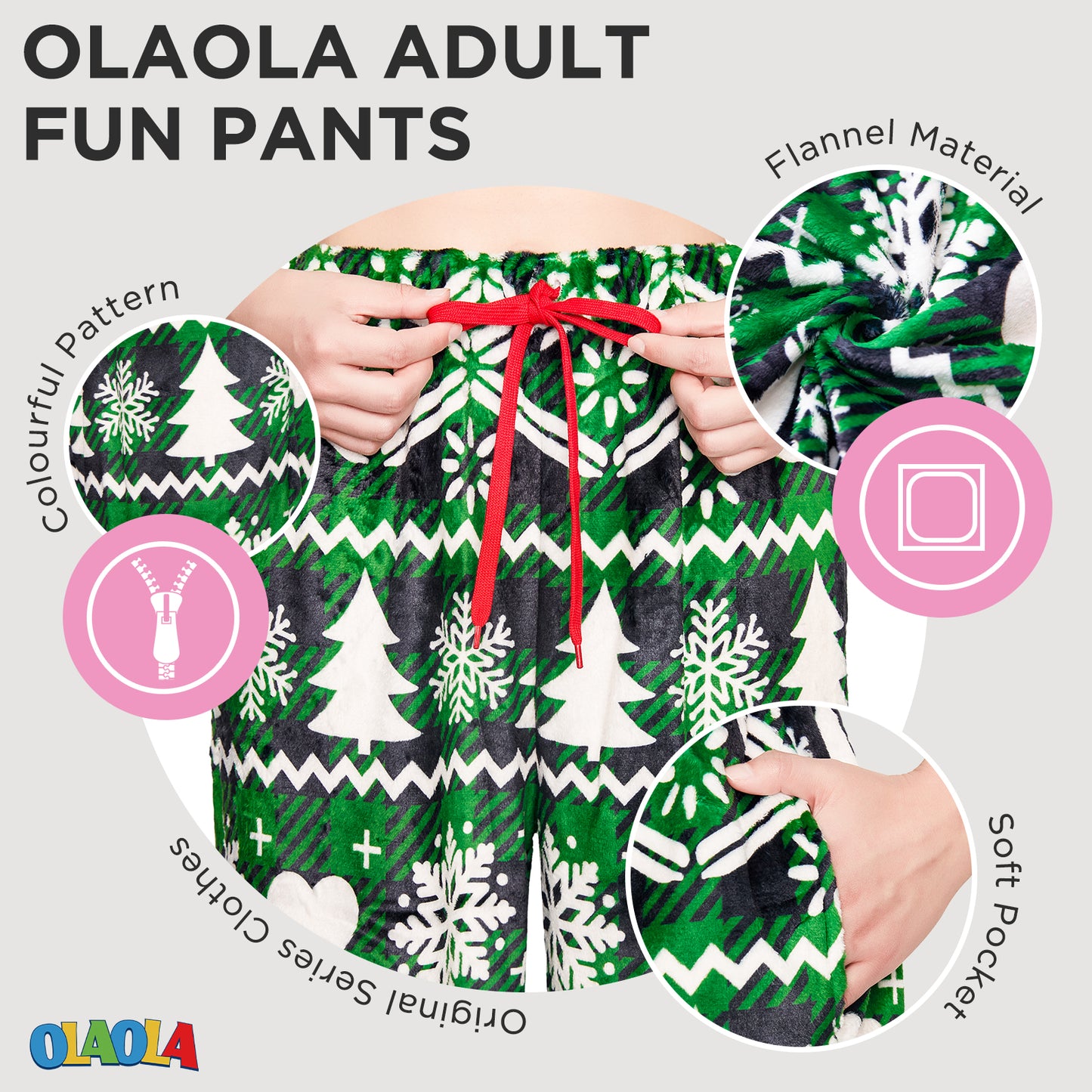 OLAOLA Green Snow Printed Checkered Fuzzy Plush Pajama Pants Drawstring Elastic Waist Wide Leg Pj Bottoms Lounge Pants Christmas Animals Onesie