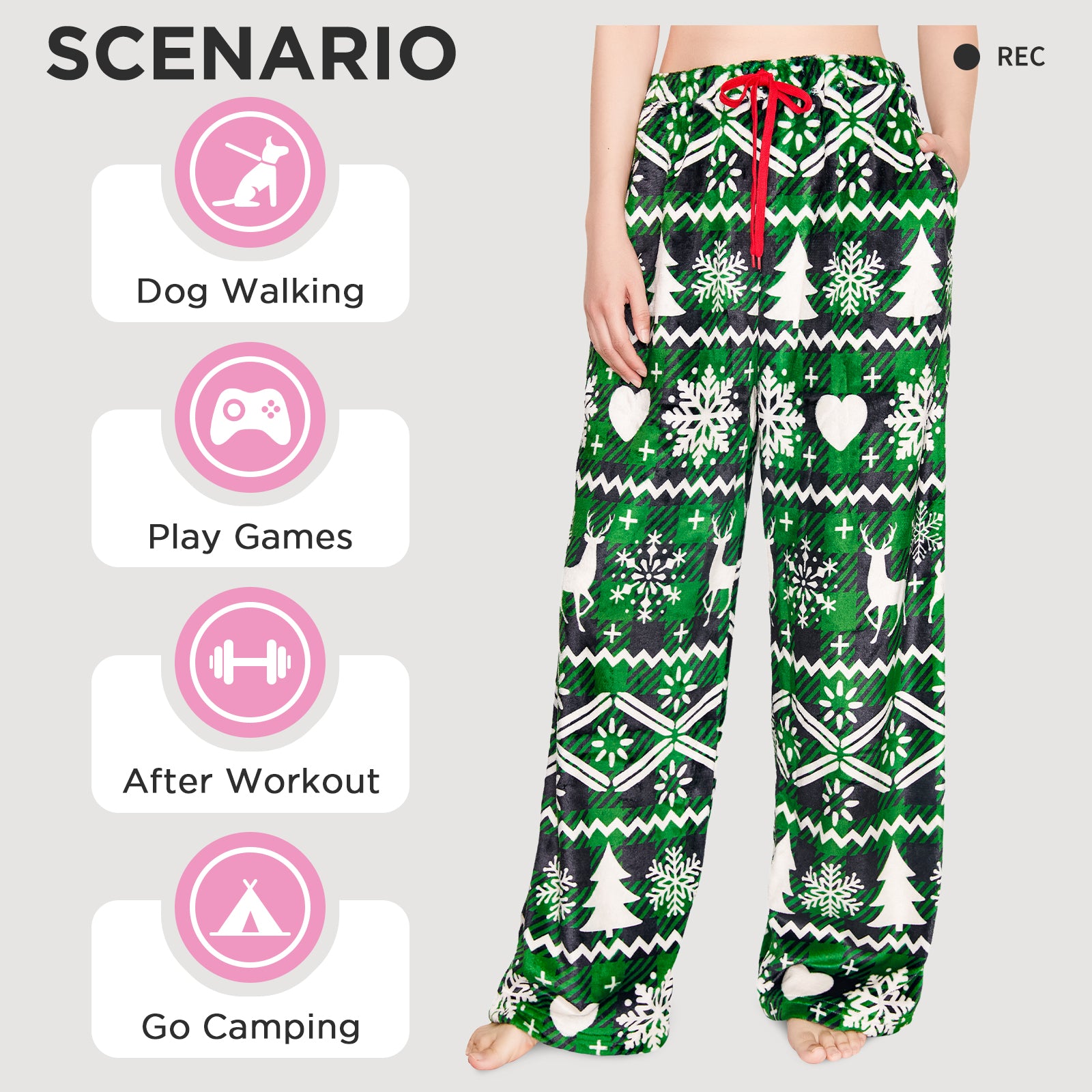 OLAOLA Green Snow Printed Checkered Fuzzy Plush Pajama Pants Drawstring Elastic Waist Wide Leg Pj Bottoms Lounge Pants Christmas Animals Onesie