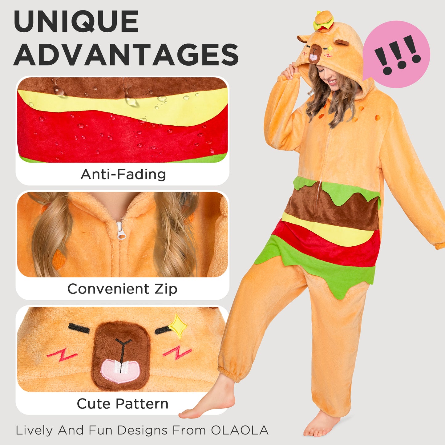 OLAOLA Hamburger Capybara Pajamas Animals Onesie Plush Warm Home One Piece For Adult Unisex Halloween Costume