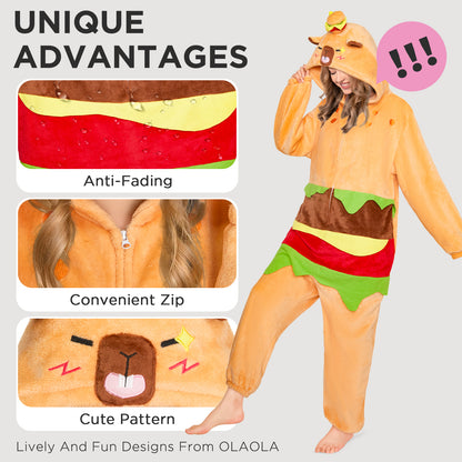 OLAOLA Hamburger Capybara Pajamas Animals Onesie Plush Warm Home One Piece For Adult Unisex Halloween Costume