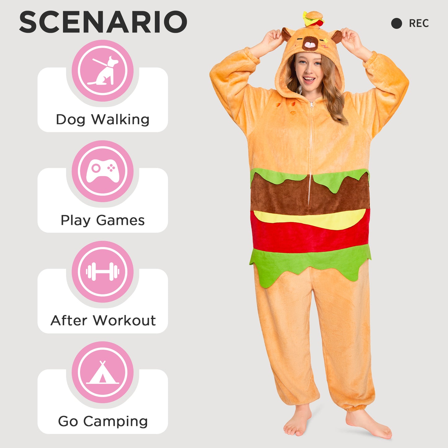 OLAOLA Hamburger Capybara Pajamas Animals Onesie Plush Warm Home One Piece For Adult Unisex Halloween Costume